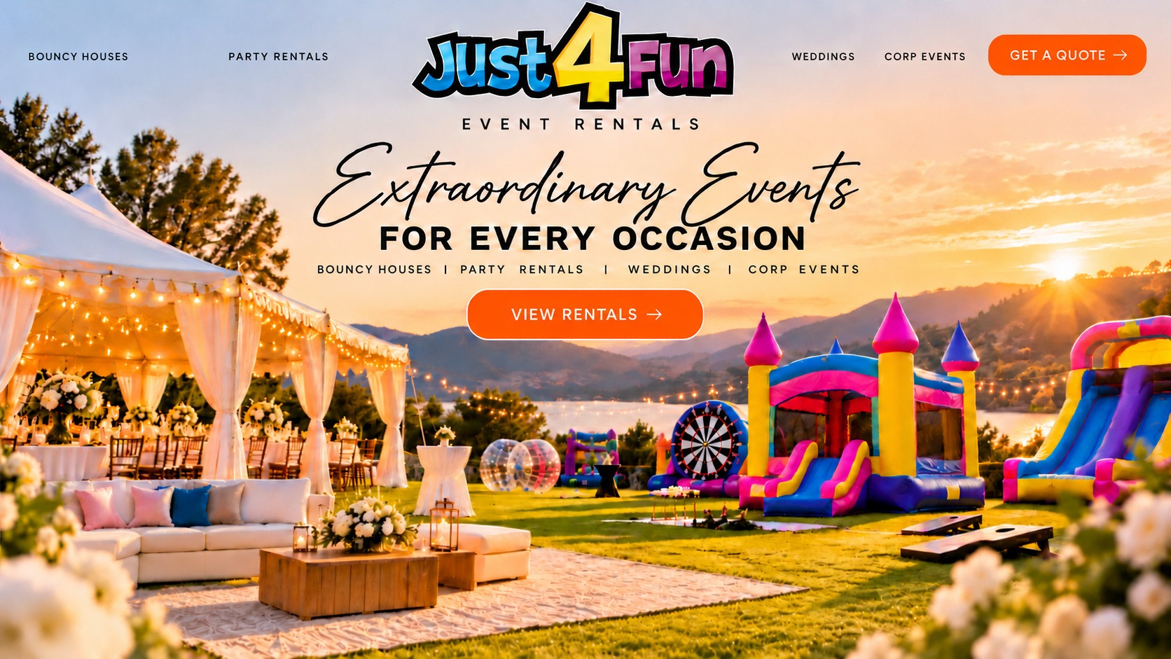 Just4Fun Event Rentals: Extraordinary Events for Every Occasion. Bouncy houses, party rentals, weddings and corporate events by the lake.